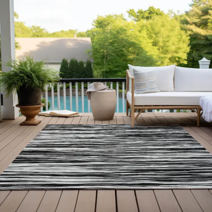 10' X 14' Black And Ivory Abstract Washable Indoor Outdoor Area Rug