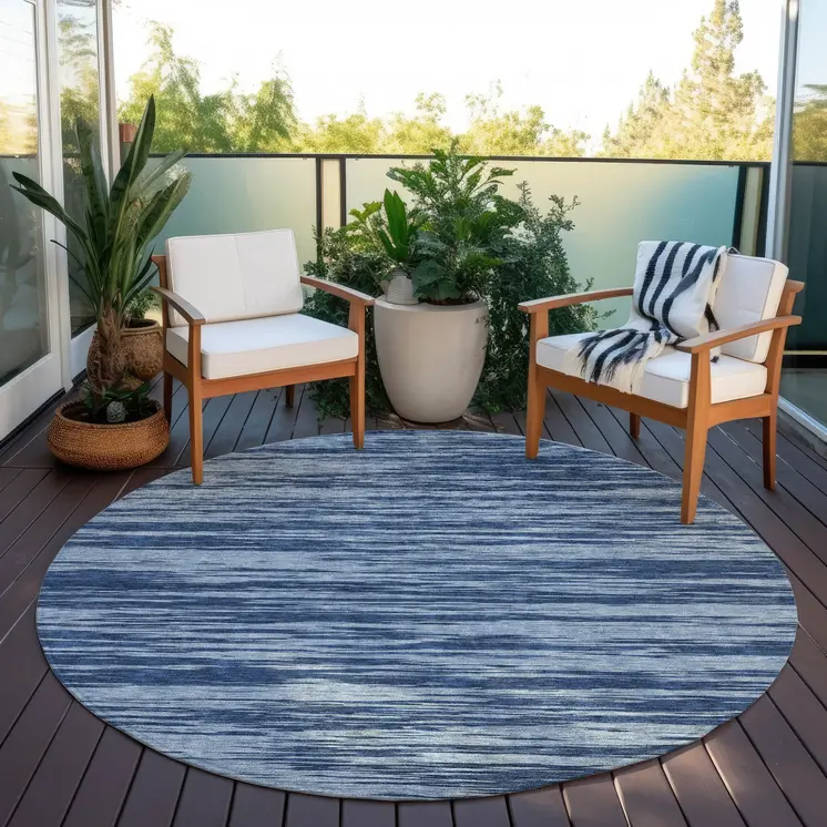 8' Blue And Navy Blue Round Abstract Washable Indoor Outdoor Area Rug