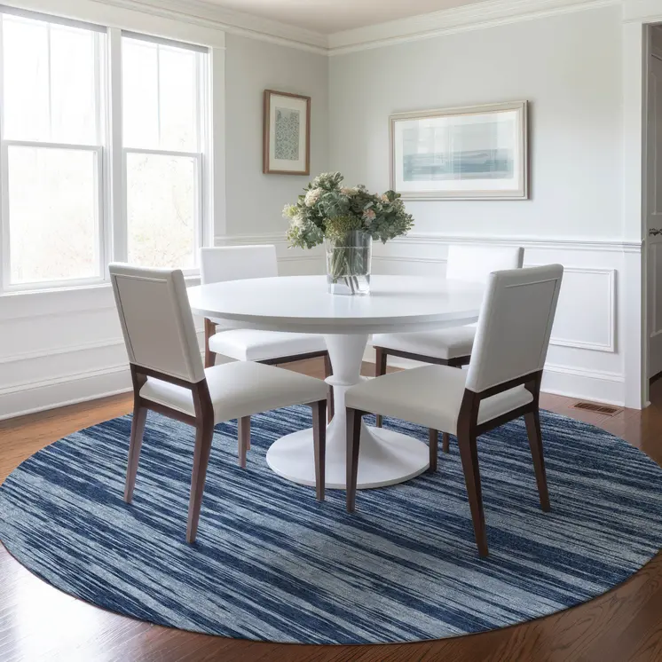 8' Blue And Navy Blue Round Abstract Washable Indoor Outdoor Area Rug