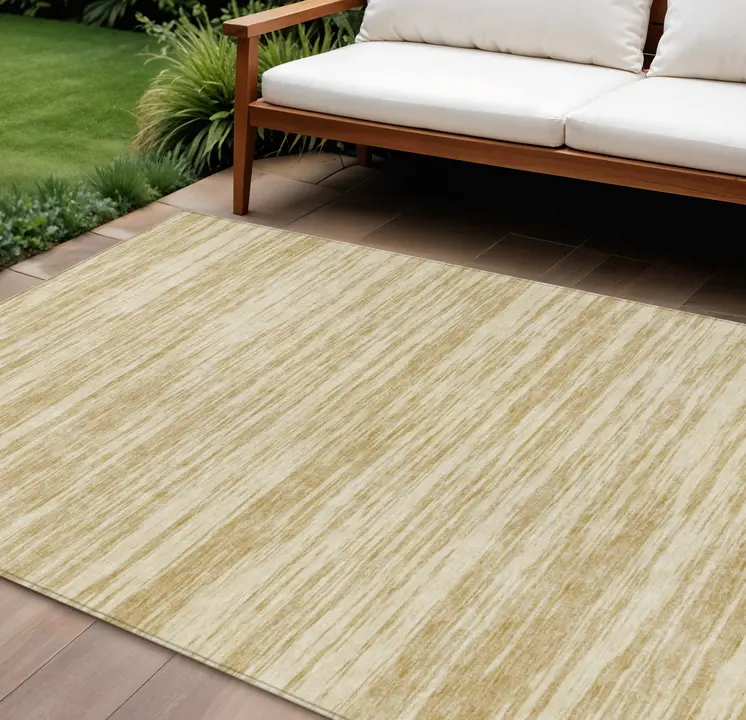 9' X 12' Gold And Ivory Abstract Washable Indoor Outdoor Area Rug