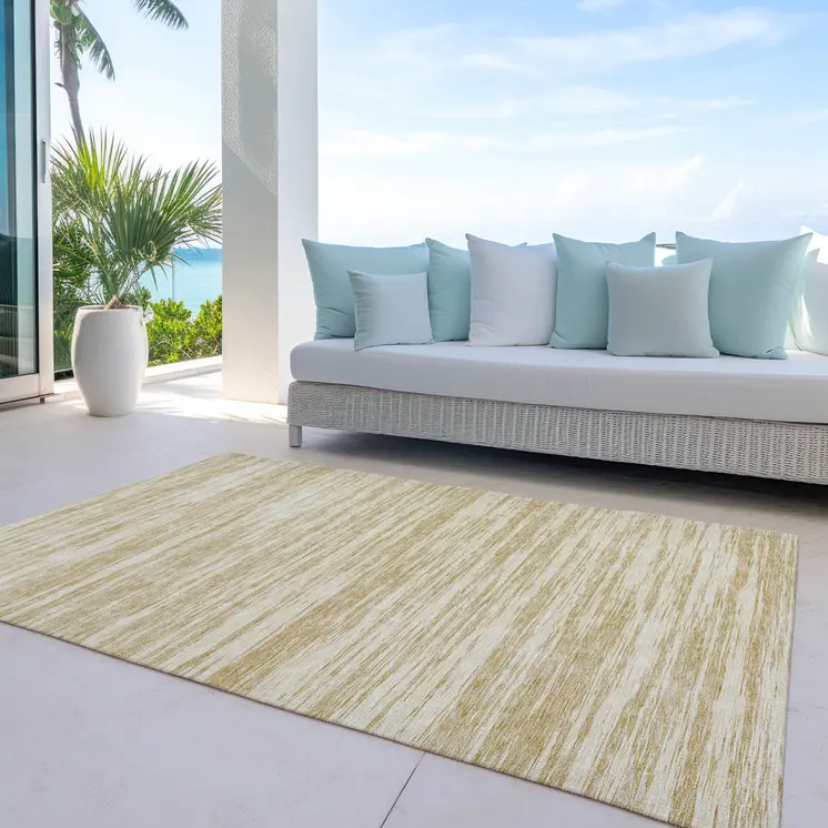 9' X 12' Gold And Ivory Abstract Washable Indoor Outdoor Area Rug