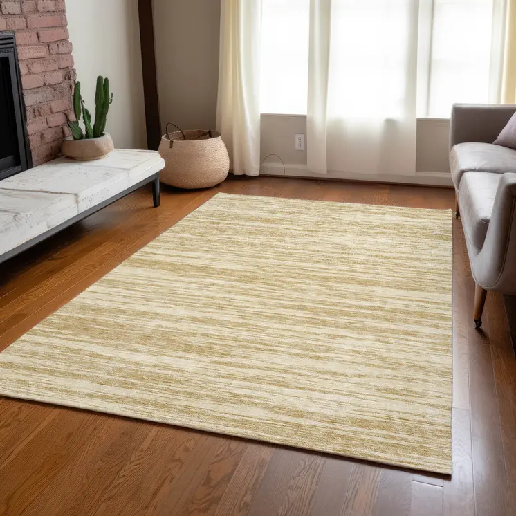 9' X 12' Gold And Ivory Abstract Washable Indoor Outdoor Area Rug