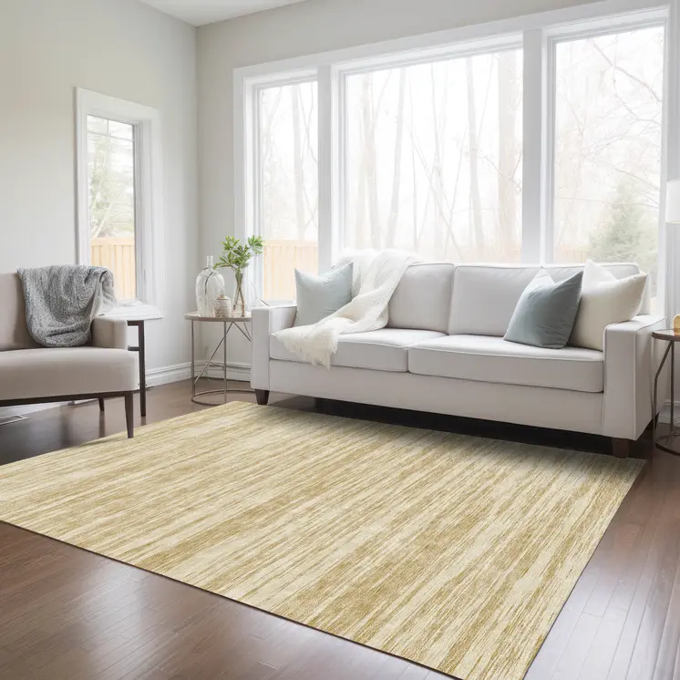 9' X 12' Gold And Ivory Abstract Washable Indoor Outdoor Area Rug