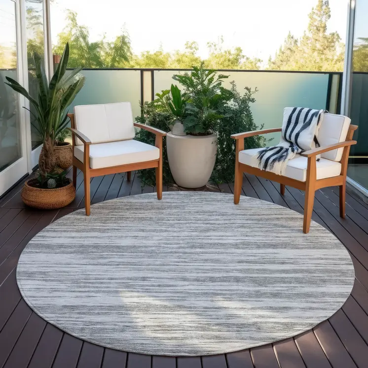 8' Gray And Ivory Round Abstract Washable Indoor Outdoor Area Rug