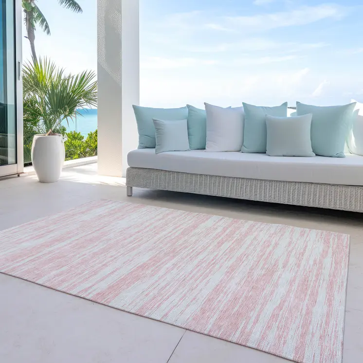 9' X 12' Pink And Ivory Abstract Washable Indoor Outdoor Area Rug