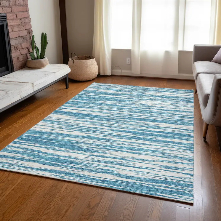 3' X 5' Teal Blue And Ivory Abstract Washable Indoor Outdoor Area Rug