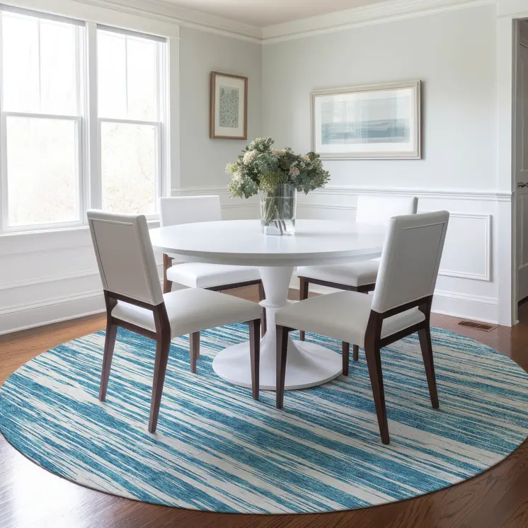 8' Teal Blue And Ivory Round Abstract Washable Indoor Outdoor Area Rug