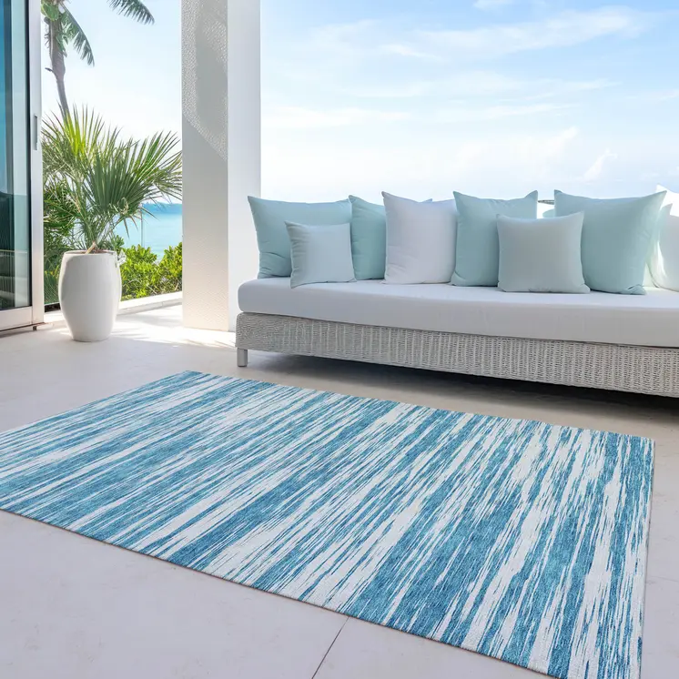 8' X 10' Teal Blue And Ivory Abstract Washable Indoor Outdoor Area Rug