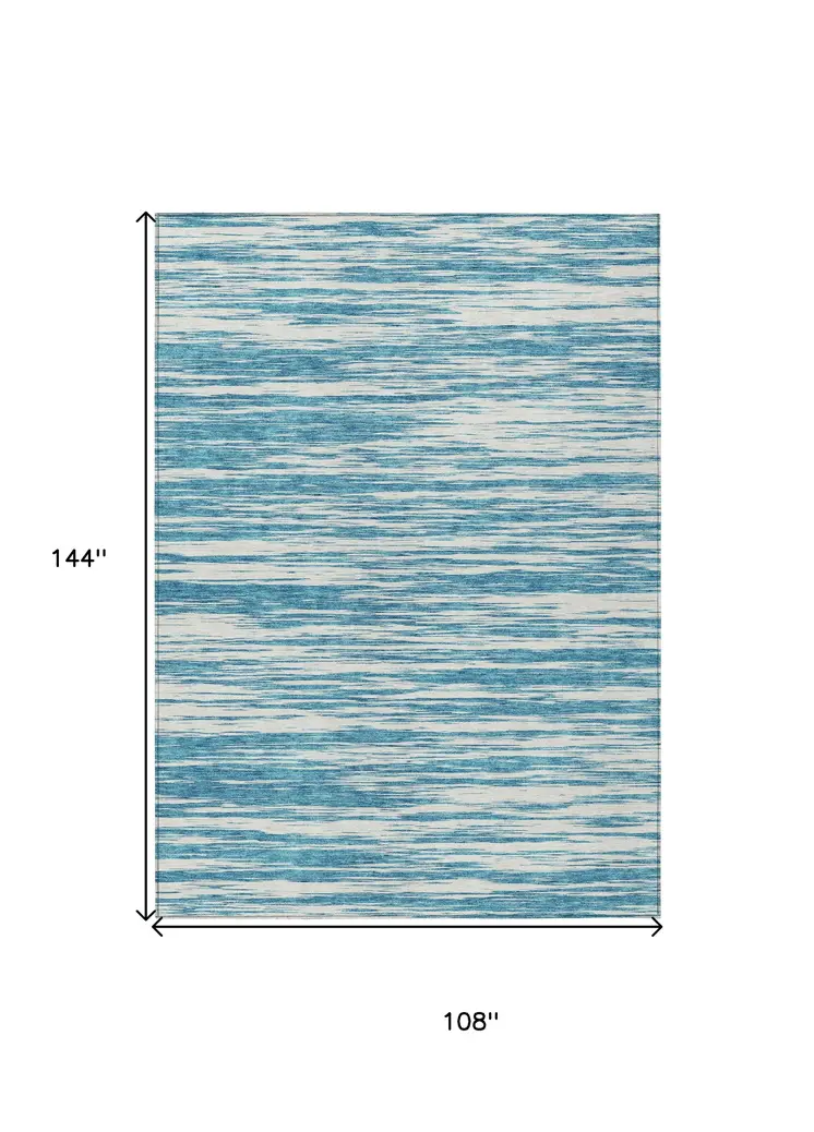 9' X 12' Teal Blue And Ivory Abstract Washable Indoor Outdoor Area Rug