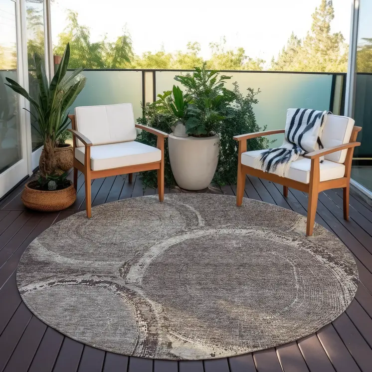 8' Chocolate And Beige Round Faux Bois Washable Indoor Outdoor Area Rug