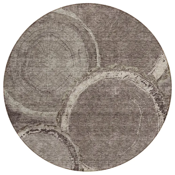 8' Chocolate And Beige Round Faux Bois Washable Indoor Outdoor Area Rug