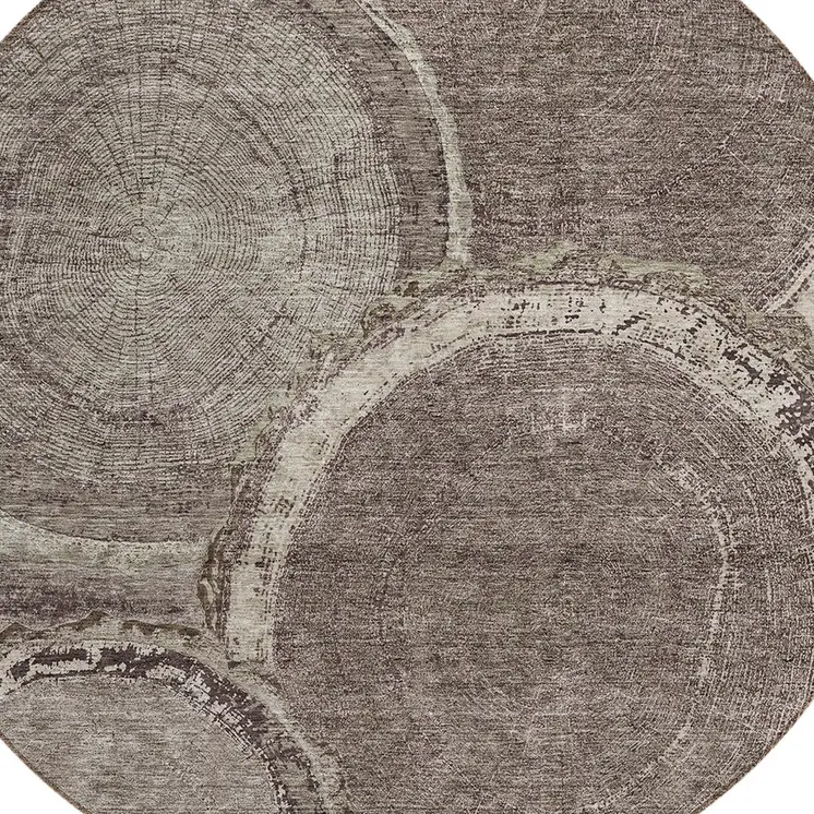 8' Chocolate And Beige Round Faux Bois Washable Indoor Outdoor Area Rug