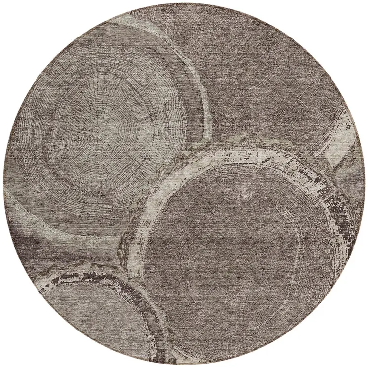 8' Chocolate And Beige Round Faux Bois Washable Indoor Outdoor Area Rug