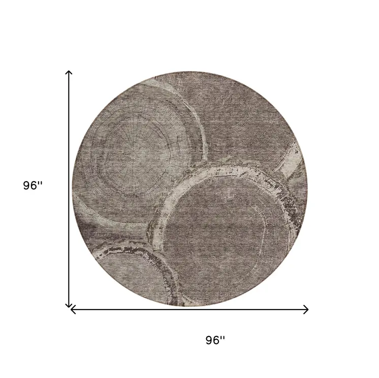 8' Chocolate And Beige Round Faux Bois Washable Indoor Outdoor Area Rug