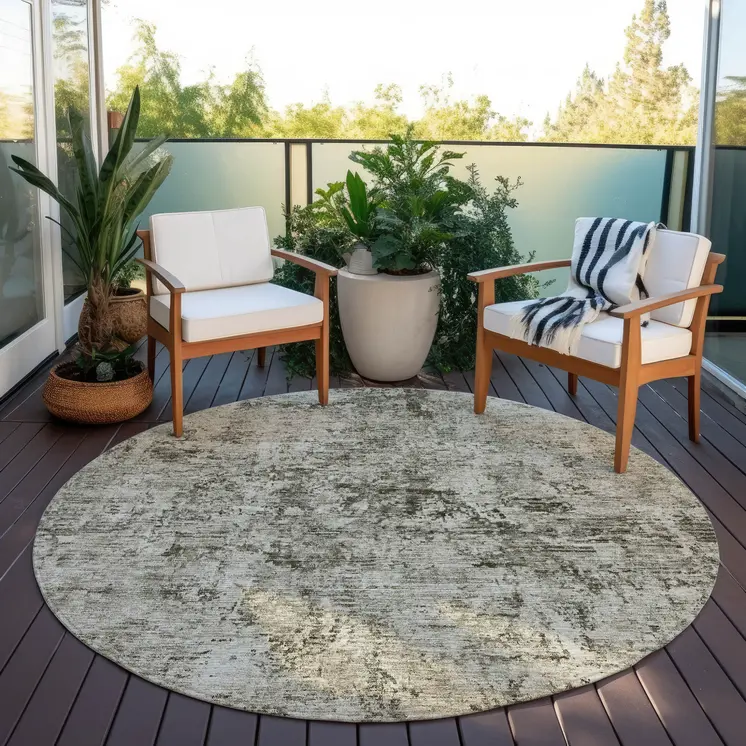 8' Beige And Taupe Round Abstract Washable Indoor Outdoor Area Rug