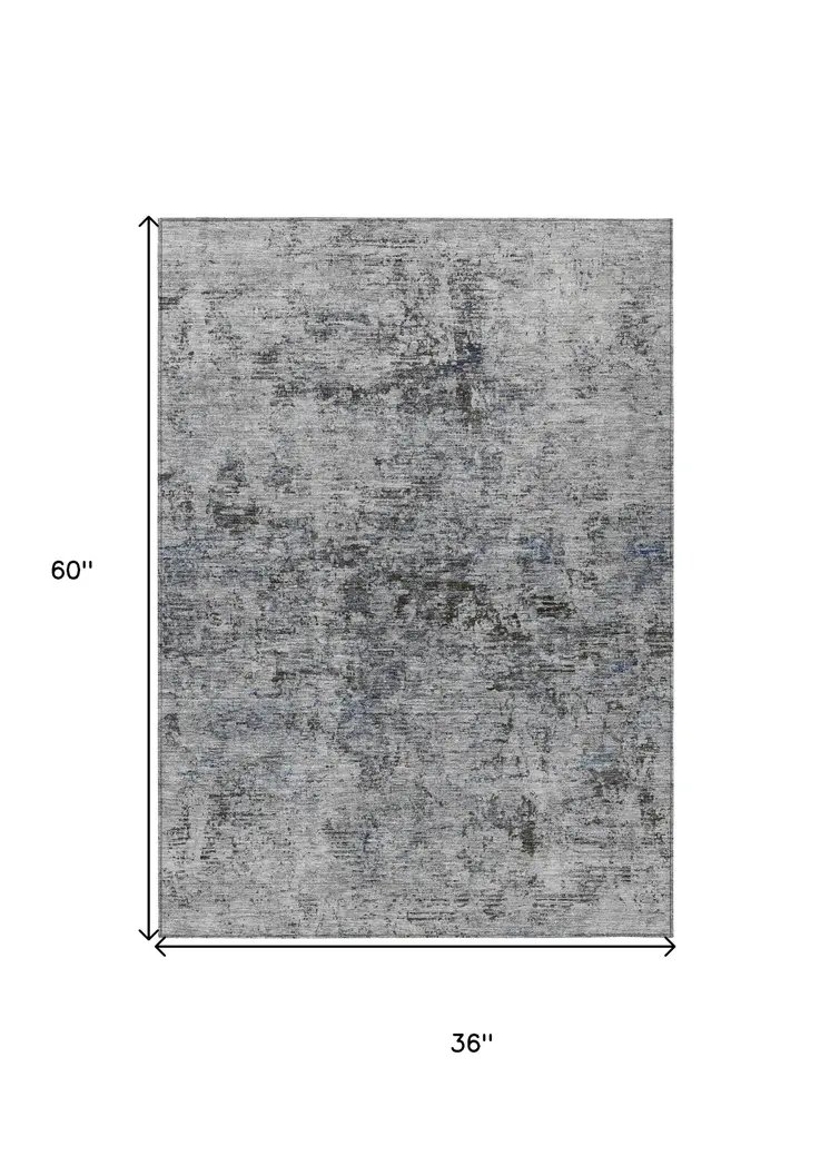 3' X 5' Gray And Silver Abstract Washable Indoor Outdoor Area Rug