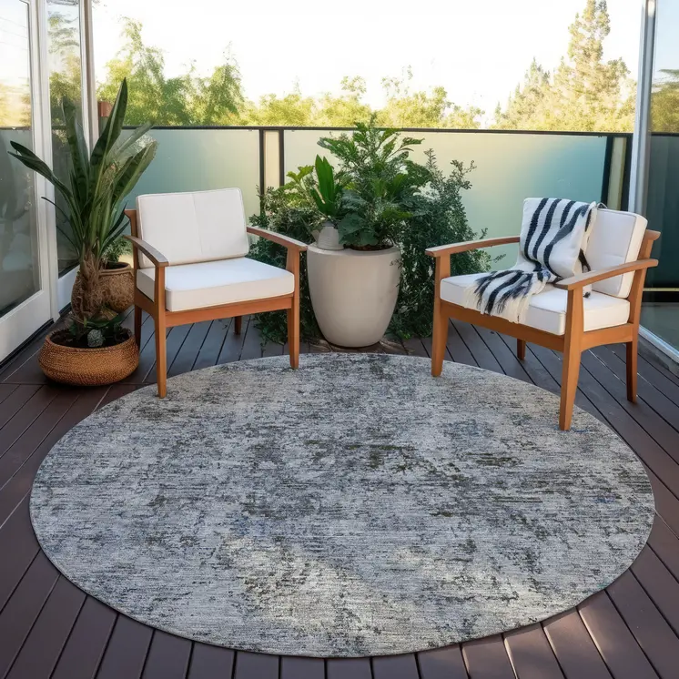 8' Gray And Silver Round Abstract Washable Indoor Outdoor Area Rug