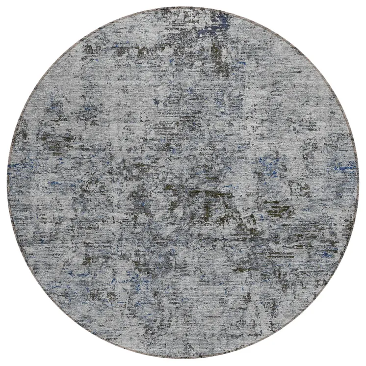 8' Gray And Silver Round Abstract Washable Indoor Outdoor Area Rug
