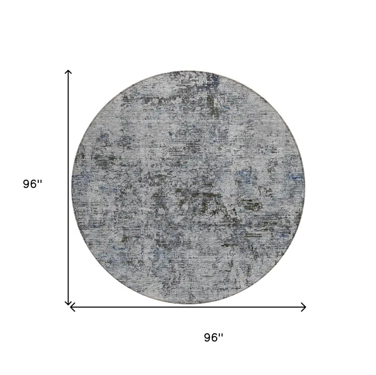 8' Gray And Silver Round Abstract Washable Indoor Outdoor Area Rug
