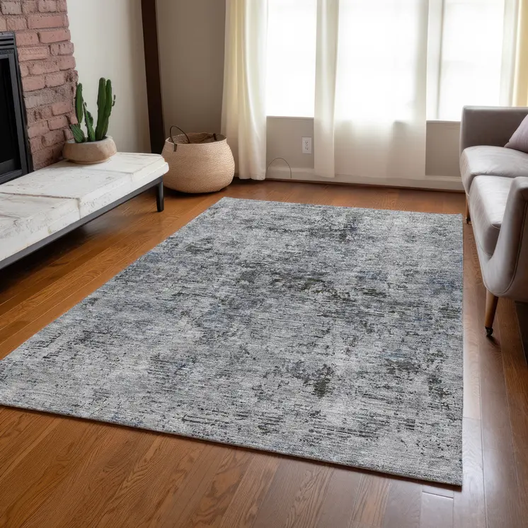 8' X 10' Gray And Silver Abstract Washable Indoor Outdoor Area Rug