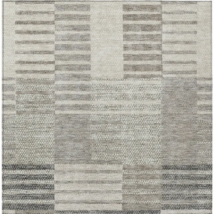 3' X 5' Beige Ivory And Taupe Striped Washable Indoor Outdoor Area Rug