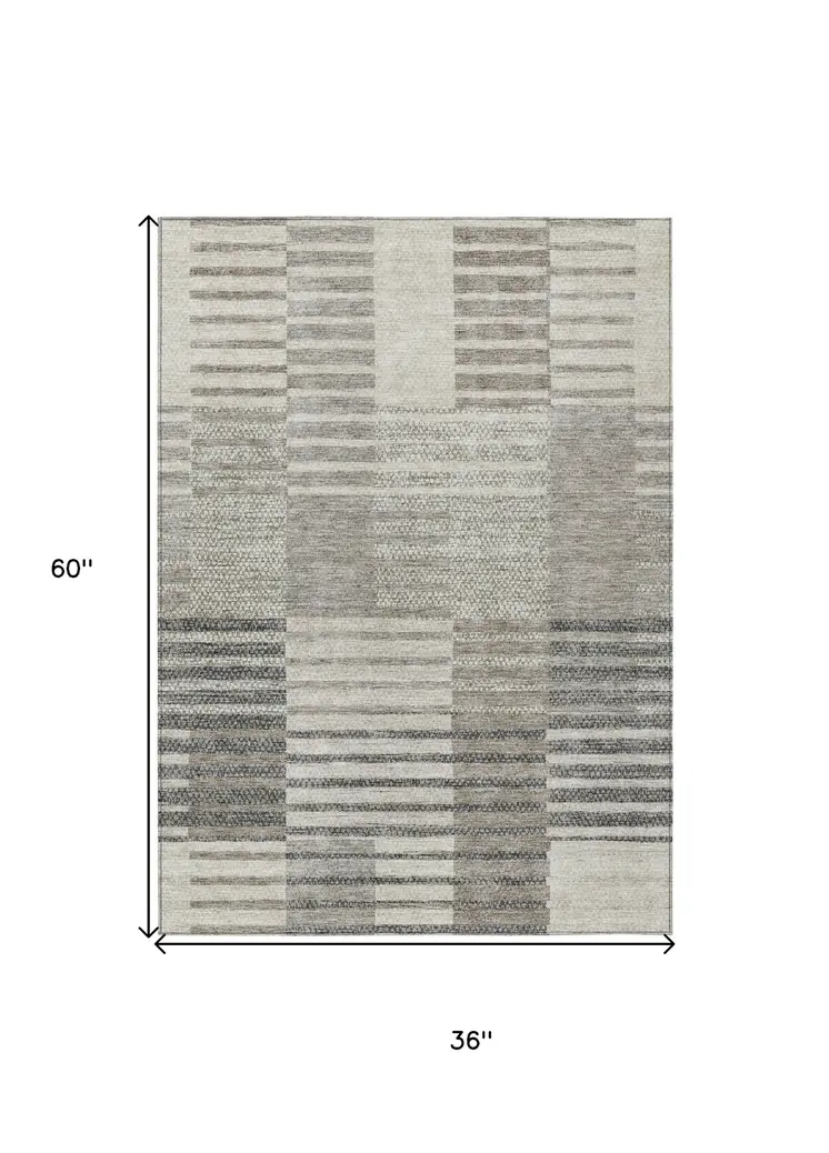3' X 5' Beige Ivory And Taupe Striped Washable Indoor Outdoor Area Rug
