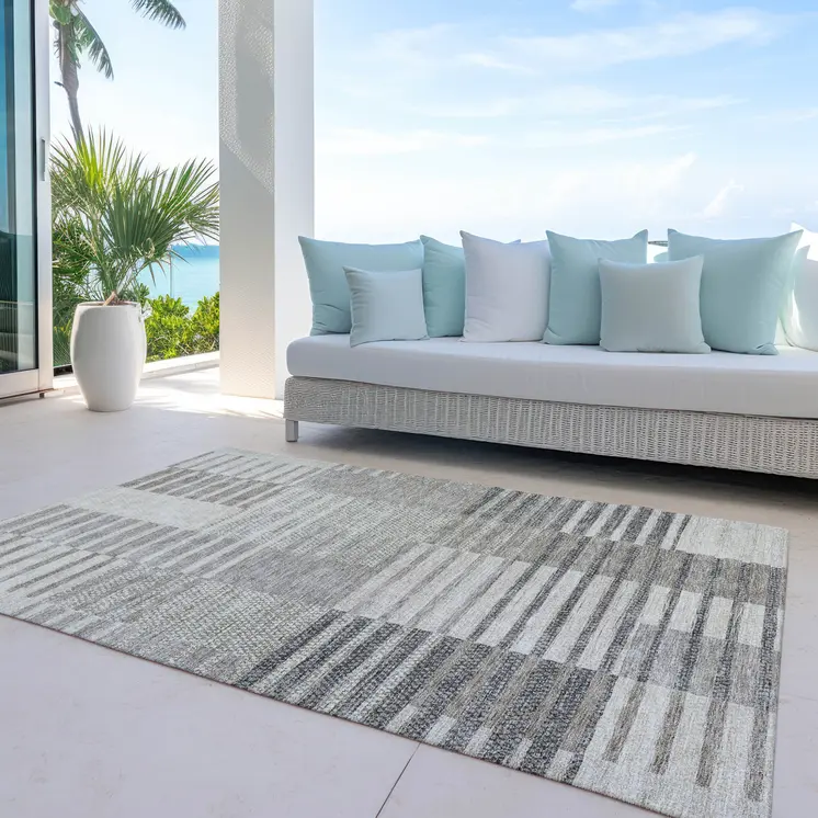 3' X 5' Beige Ivory And Taupe Striped Washable Indoor Outdoor Area Rug