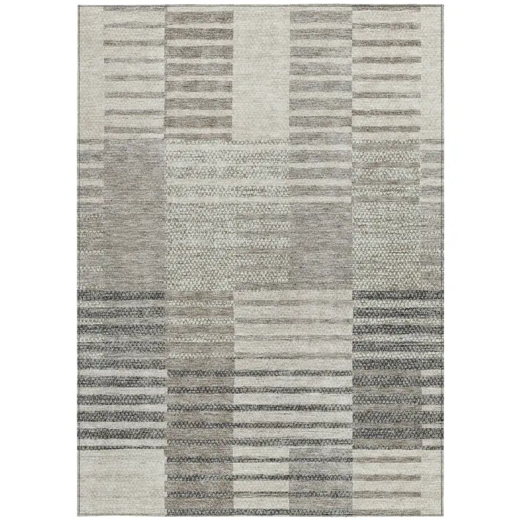 5' X 8' Beige Ivory And Taupe Striped Washable Indoor Outdoor Area Rug