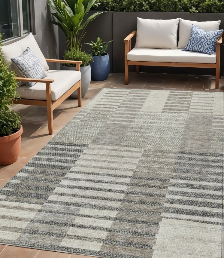 5' X 8' Beige Ivory And Taupe Striped Washable Indoor Outdoor Area Rug