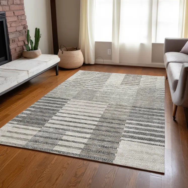 5' X 8' Beige Ivory And Taupe Striped Washable Indoor Outdoor Area Rug