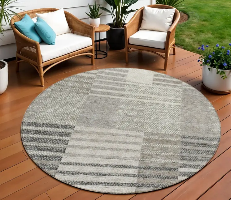 8' Beige Ivory And Taupe Round Striped Washable Indoor Outdoor Area Rug
