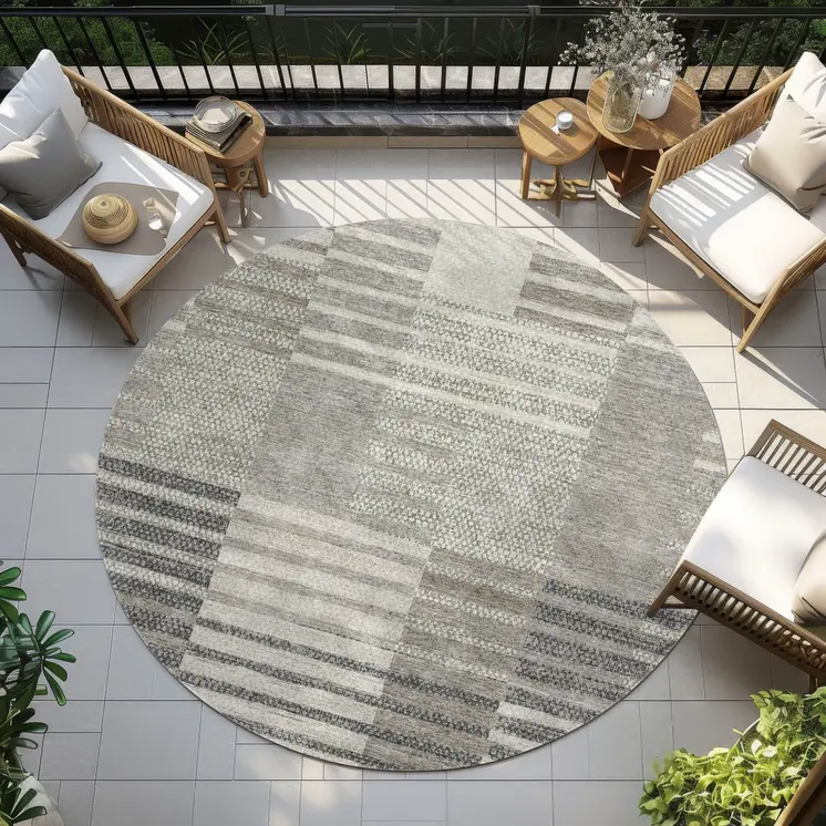 8' Beige Ivory And Taupe Round Striped Washable Indoor Outdoor Area Rug