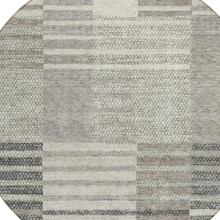 8' Beige Ivory And Taupe Round Striped Washable Indoor Outdoor Area Rug