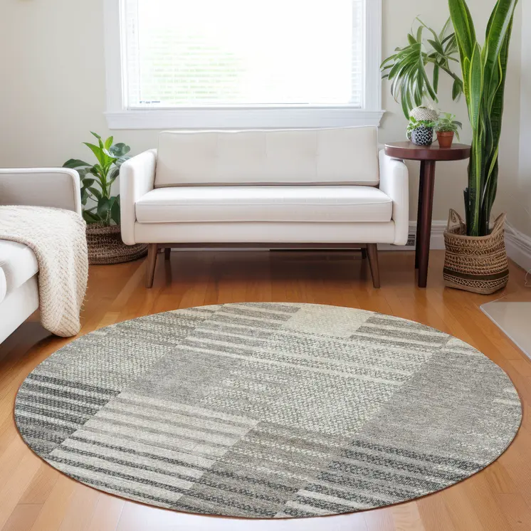 8' Beige Ivory And Taupe Round Striped Washable Indoor Outdoor Area Rug