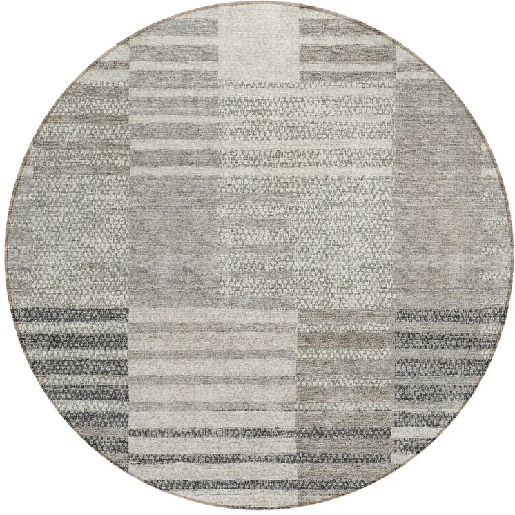 8' Beige Ivory And Taupe Round Striped Washable Indoor Outdoor Area Rug