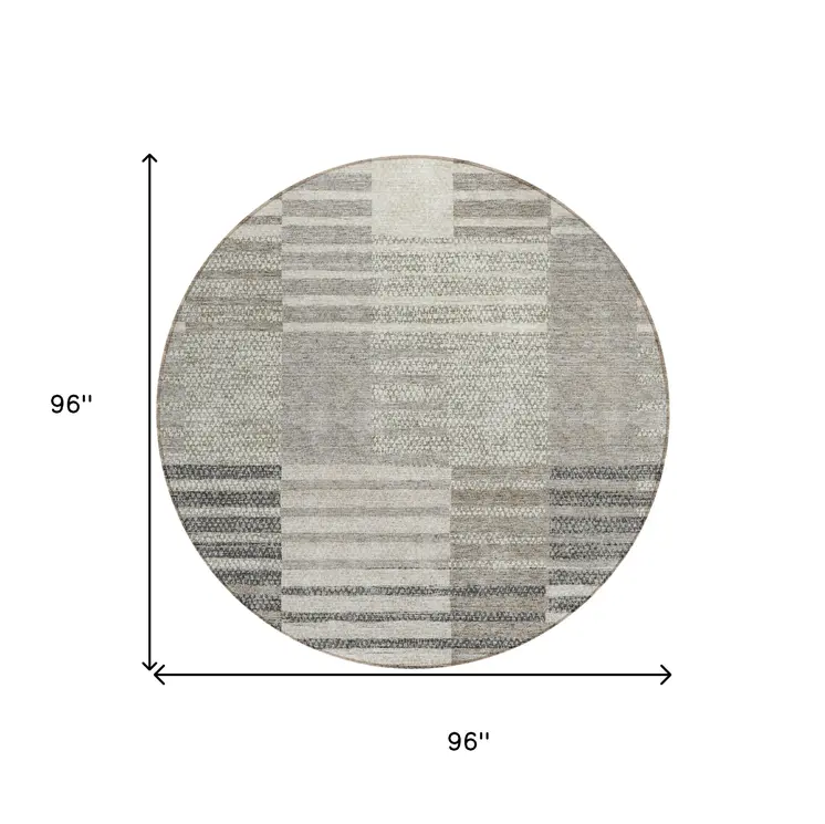 8' Beige Ivory And Taupe Round Striped Washable Indoor Outdoor Area Rug
