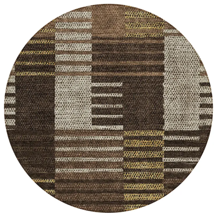 8' Chocolate Ivory And Gold Round Striped Washable Indoor Outdoor Area Rug