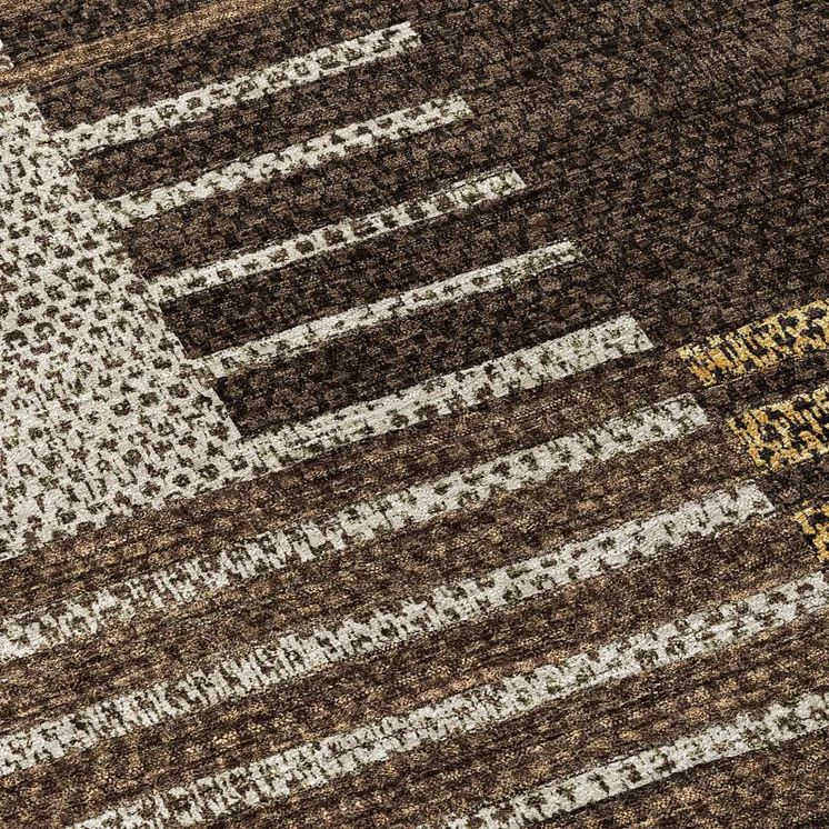 8' Chocolate Ivory And Gold Round Striped Washable Indoor Outdoor Area Rug