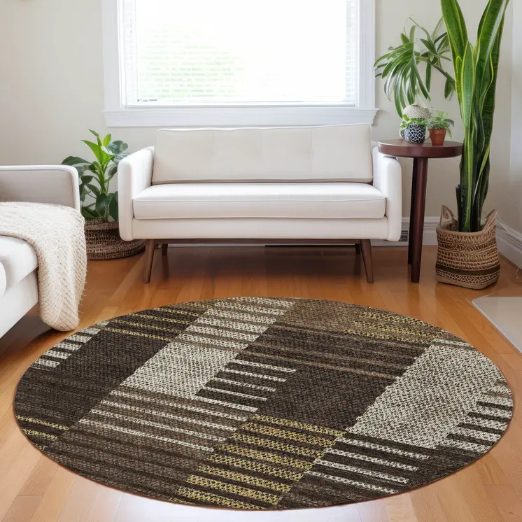8' Chocolate Ivory And Gold Round Striped Washable Indoor Outdoor Area Rug