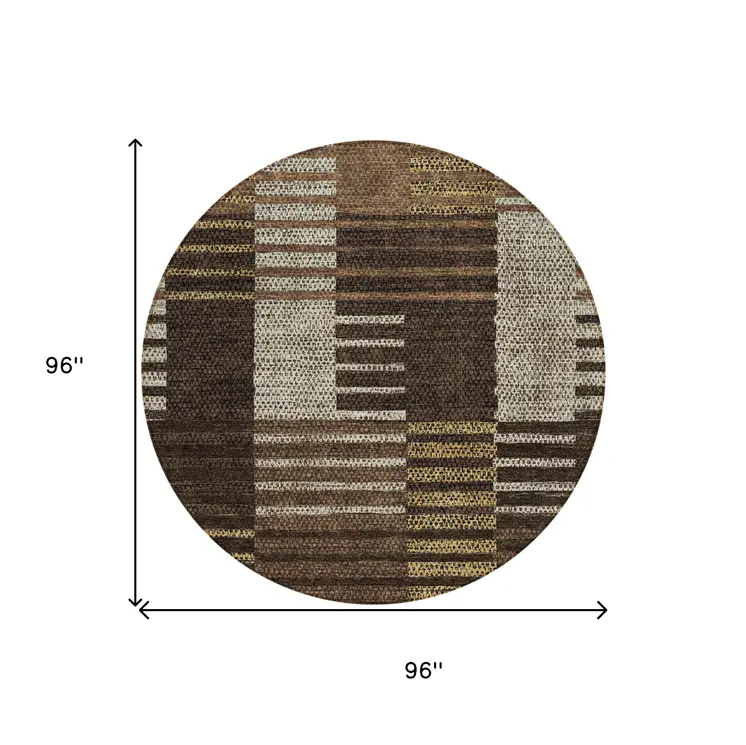 8' Chocolate Ivory And Gold Round Striped Washable Indoor Outdoor Area Rug