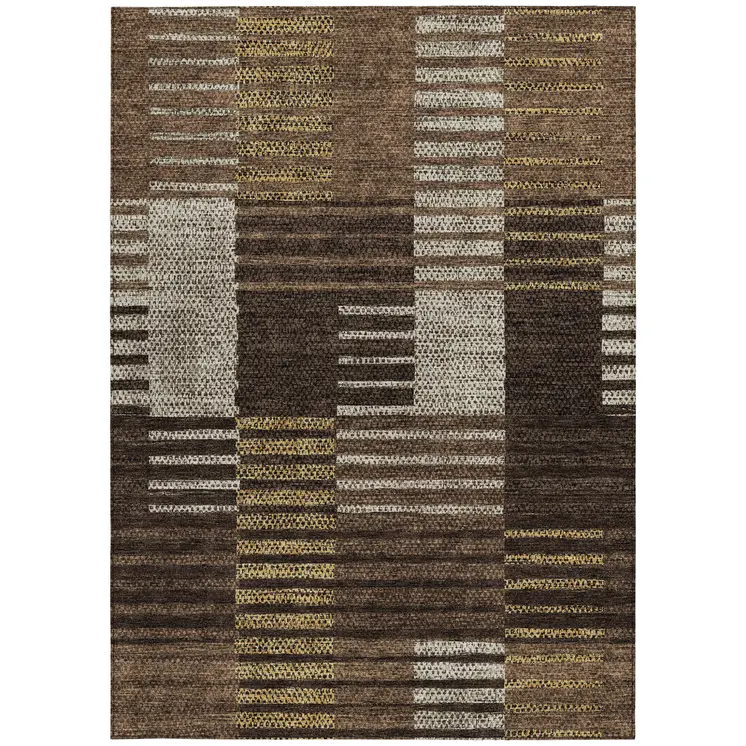 10' X 14' Chocolate Ivory And Gold Striped Washable Indoor Outdoor Area Rug