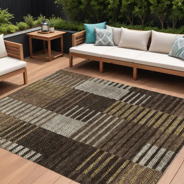 10' X 14' Chocolate Ivory And Gold Striped Washable Indoor Outdoor Area Rug