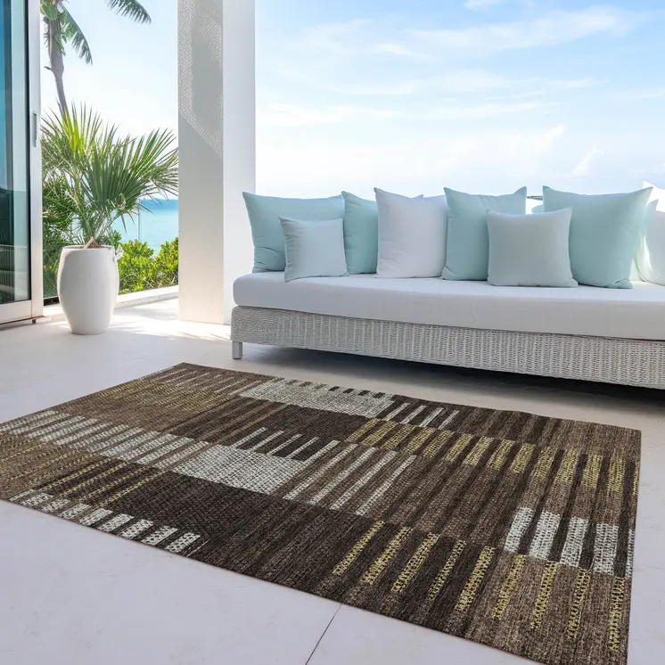 10' X 14' Chocolate Ivory And Gold Striped Washable Indoor Outdoor Area Rug