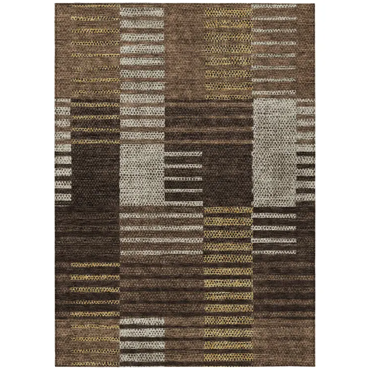 10' X 14' Chocolate Ivory And Gold Striped Washable Indoor Outdoor Area Rug
