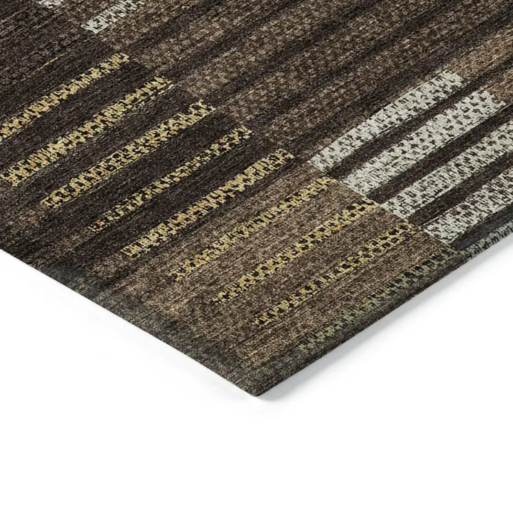 10' X 14' Chocolate Ivory And Gold Striped Washable Indoor Outdoor Area Rug