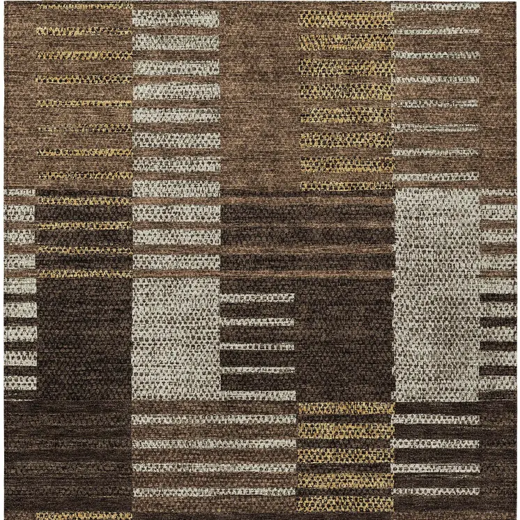 10' X 14' Chocolate Ivory And Gold Striped Washable Indoor Outdoor Area Rug