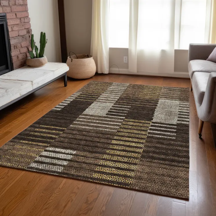 10' X 14' Chocolate Ivory And Gold Striped Washable Indoor Outdoor Area Rug