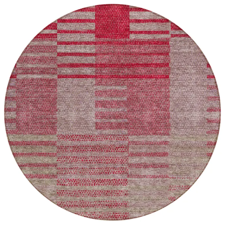 8' Burgundy Pink And Blush Round Striped Washable Indoor Outdoor Area Rug