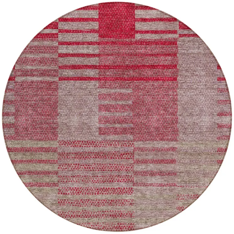 8' Burgundy Pink And Blush Round Striped Washable Indoor Outdoor Area Rug