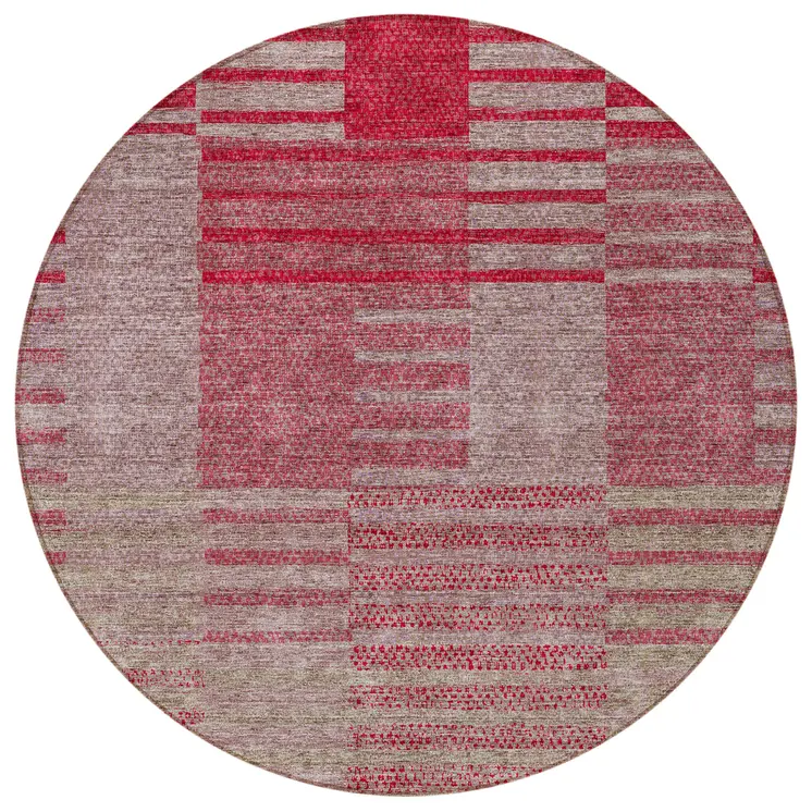 8' Burgundy Pink And Blush Round Striped Washable Indoor Outdoor Area Rug